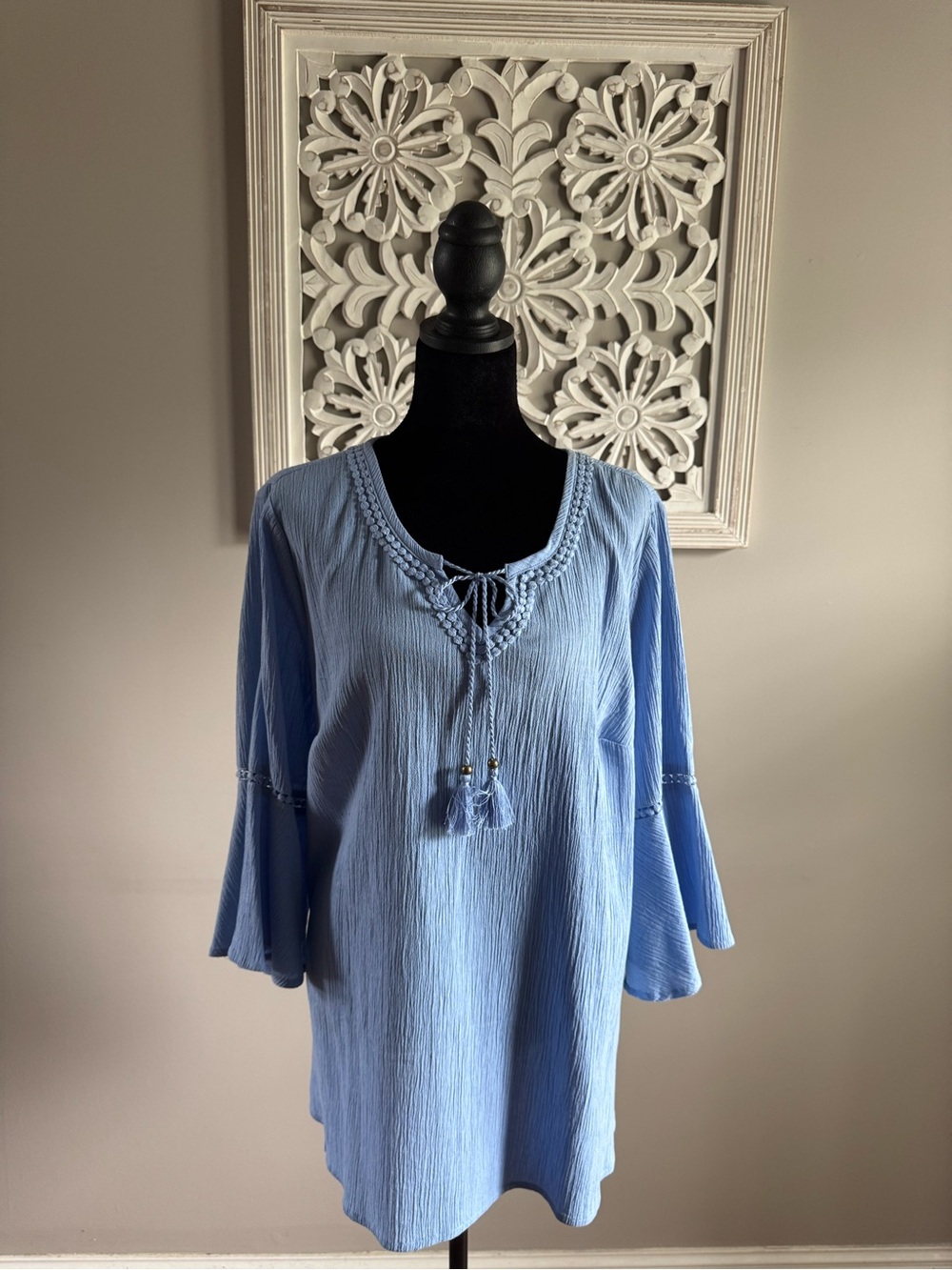 Denim&Co Light Blue Tassel Peasant Tunic